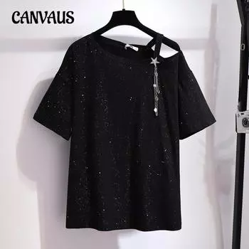 Женская летняя блестящая блестящая футболка больших размеров с открытыми плечами и одним вырезом, топы с наклонными плечами 2XL чёрный