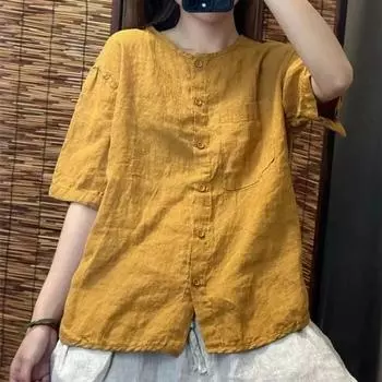 Женская летняя блузка из хлопка и льна с коротким рукавом и круглым вырезом, однотонная, винтажная, свободная, литературная 3XL белый