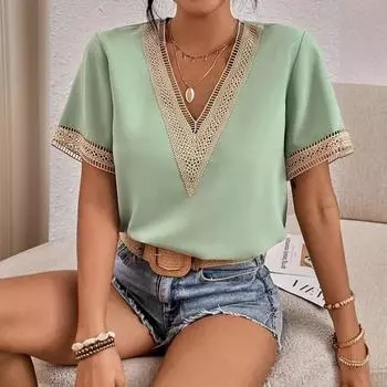 Женская летняя блузка, модная кружевная вязанная крючком рубашка с коротким рукавом и v-образным вырезом, свободная рубашка с v-образным вырезом, рубашка с круглым принтом и цветными блоками, топ XXL