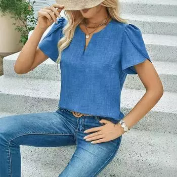 Женская летняя блузка, новинка 2024 года, женская футболка, V-образный вырез, однотонная футболка с оборками по краю, женская летняя футболка, повседневная мягкая футболка S синий