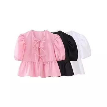 Женская летняя блузка, однотонная рубашка на шнуровке, винтажная рубашка с круглым вырезом и короткими пышными рукавами, женский шикарный укороченный топ XS чёрный