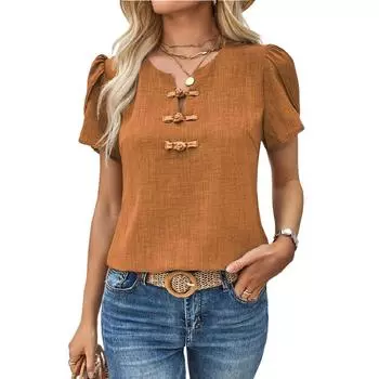 Женская летняя блузка однотонная с рукавами на пуговицах повседневная модная рубашка XL верблюд