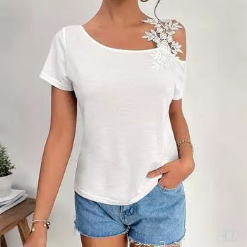 Женская летняя блузка с кружевной отделкой - дышащая однотонная футболка, повседневная одежда для отдыха и офиса, повседневные базовые вещи S белый