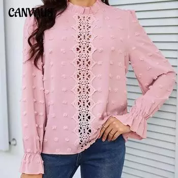 Женская летняя блузка с кружевным краем и прозрачным топом с длинными рукавами и рукавами-фонариками с рюшами S розовый