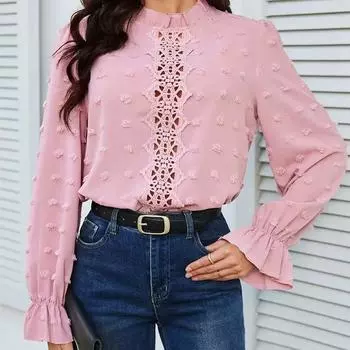 Женская летняя блузка с кружевным краем и прозрачным топом с длинными рукавами и рукавами-фонариками с рюшами S розовый