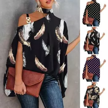Женская летняя блузка с лямкой на шее, косой воротник, рукава «летучая мышь», топы с принтом, свободный пуловер, топы, уличная одежда M