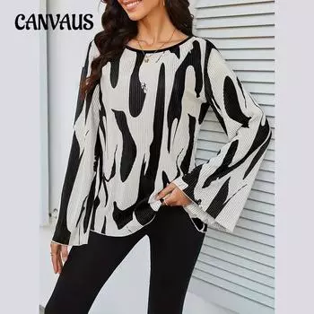 Женская летняя блузка с пресс-плиссой и принтом, свободные топы с длинными рукавами и круглым вырезом с расклешенными рукавами S белый/чёрный