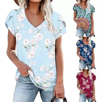 Женская летняя блузка с v-образным вырезом, однотонная футболка с короткими рукавами и принтом, топы S темно-синий