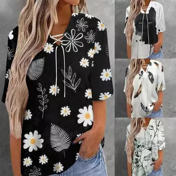 Женская летняя блузка с V-образным вырезом и принтом перьев, женская мешковатая футболка с коротким рукавом, топы S белый