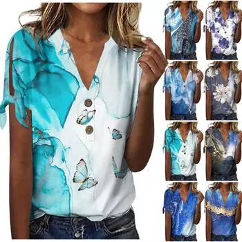 Женская летняя блузка свободного покроя с V-образным вырезом, декорированная пуговицами, футболка с принтом и короткими рукавами L фиолетовый