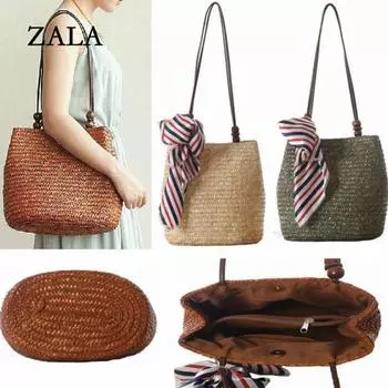 Женская летняя богемная пляжная сумка ручной работы с деревянными бусинами, сумка через плечо, сумки из соломенной ткани 28x15x26cm коричневый