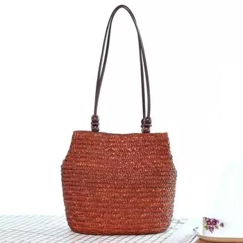 Женская летняя богемная пляжная сумка ручной работы с деревянными бусинами, сумка через плечо, сумки из соломенной ткани 28x15x26cm коричневый