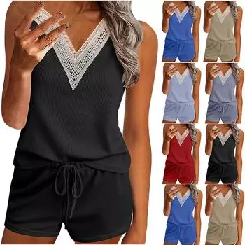 Женская летняя цельная майка из двух частей, жилет без рукавов с v-образным вырезом и шорты, комплект L чёрный