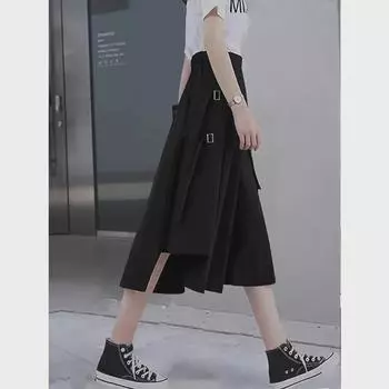 Женская летняя черная юбка-трапеция с высокой талией в рабочем стиле, маленький размер, средняя длина, японский стиль Small чёрный