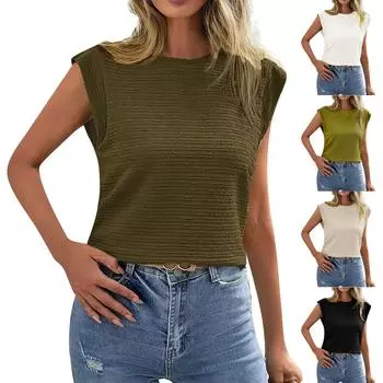 Женская летняя цветная плиссированная модная повседневная футболка с круглым вырезом и коротким рукавом L армия зеленый