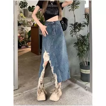 Женская летняя дизайнерская джинсовая юбка с высокой талией и асимметричными открытыми отверстиями, полуоблегающая юбка, удлиненная юбка-трапеция 5XL синий