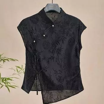 Женская летняя дизайнерская китайская национальная стильная футболка-чеонгсам с воротником-стойкой и открытыми плечами 3XL чёрный