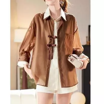 Женская летняя дизайнерская рубашка с длинными рукавами и солнцезащитным кремом, тонкие элегантные и красивые топы 4XL кофейный