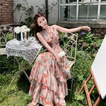 Женская летняя длинная юбка для похудения с открытой спиной и висячим вырезом, пляжная длинная юбка с принтом и оборками S светло-розовый