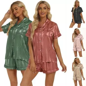 Женская летняя домашняя одежда в европейском и американском стиле, комплект из 2 предметов, пижама с коротким рукавом, полосатая атласная домашняя одежда S