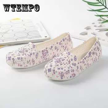 Женская летняя дышащая обувь на мягкой подошве, крутая обувь на плоской подошве с цветочным принтом, износостойкая противоскользящая обувь с открытыми отверстиями 40