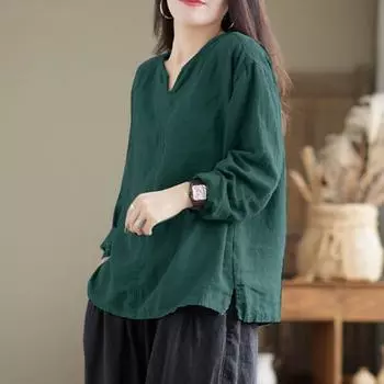 Женская летняя дышащая рубашка с длинным рукавом и v-образным вырезом, свободная пуловерная рубашка большого размера 5XL зелёный