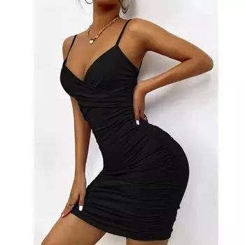 Женская летняя европейская и американская майка с запахом, юбка на бедрах, сексуальное складное платье с v-образным вырезом, короткая юбка S чёрный