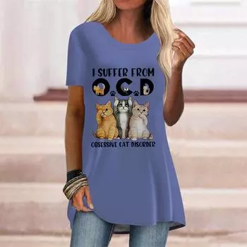 Женская летняя фиолетовая футболка с милым котом больших размеров, удобная футболка с короткими рукавами и круглым воротником, повседневные мешковатые футболки средней длины XS фиолетовый