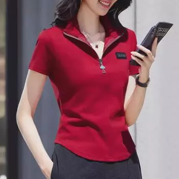 Женская летняя футболка 2024 года из хлопка с застежкой-молнией и лацканами — модный тренд в корейском стиле