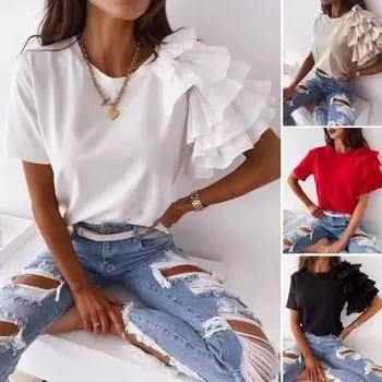 Женская летняя футболка, асимметричная многослойная футболка с короткими рукавами и оборками, однотонная футболка с круглым вырезом, цветная футболка, уличная одежда M белый