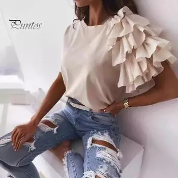 Женская летняя футболка, асимметричная многослойная футболка с короткими рукавами и оборками, однотонные футболки с круглым вырезом, уличная одежда L чёрный