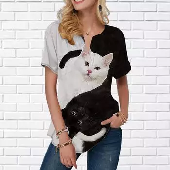 Женская летняя футболка Bagua Formation, футболки с короткими рукавами и принтом кошки, повседневные топы с принтом, маленький v-образный вырез, короткие рукава XS серый
