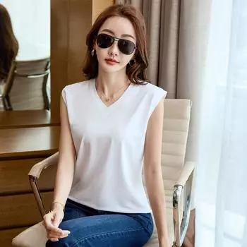 Женская летняя футболка без рукавов с V-образным вырезом, простая, однотонная, удобная, темпераментная 3XL белый