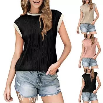 Женская летняя футболка без рукавов с закрытыми плечевыми манжетами и круглым вырезом, однотонный жилет для женщин L чёрный