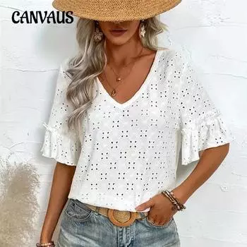 Женская летняя футболка больших размеров с трикотажной вышивкой, блузка с v-образным вырезом и v-образным вырезом и короткими рукавами, женская футболка S белый