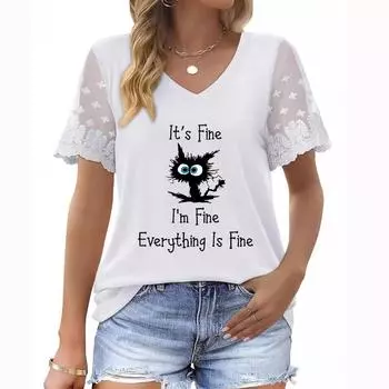 Женская летняя футболка больших размеров с V-образным вырезом, короткими рукавами, цветочным принтом и кружевными рукавами S