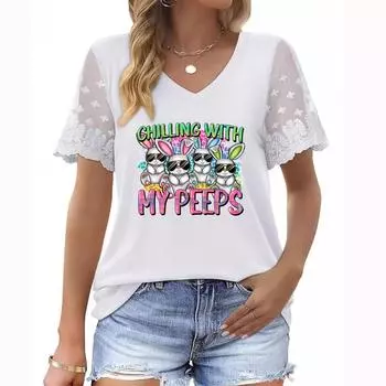 Женская летняя футболка больших размеров с V-образным вырезом, короткими рукавами, цветочным принтом и кружевными рукавами S