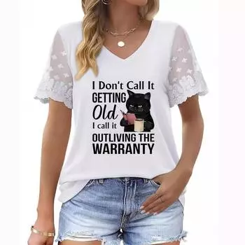 Женская летняя футболка больших размеров с V-образным вырезом, короткими рукавами, цветочным принтом и кружевными рукавами S