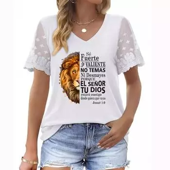 Женская летняя футболка больших размеров с V-образным вырезом, короткими рукавами, цветочным принтом и кружевными рукавами S