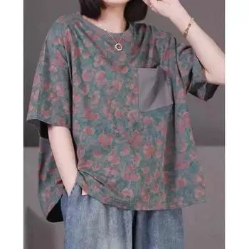 Женская летняя футболка больших размеров с литературным цветочным принтом, короткими рукавами и карманами, тонкие свободные топы-пуловеры 5XL серый