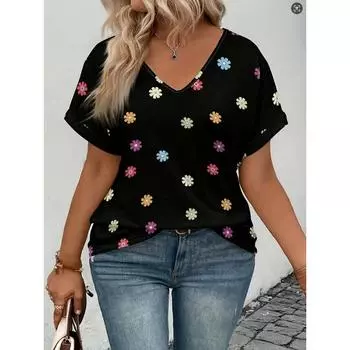 Женская летняя футболка больших размеров с цветочным принтом, короткими рукавами и V-образным вырезом, повседневная, свободная и удобная вещь для лета S