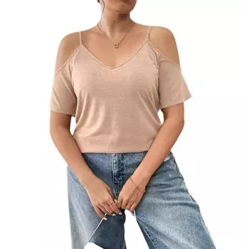 Женская летняя футболка больших размеров с открытыми плечами и подтяжками 4XL хаки