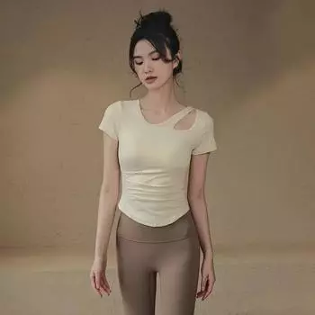 Женская летняя футболка для занятий йогой и пилатесом — облегающий крой, короткие рукава, профессиональная спортивная одежда. XL (130-145 lbs)