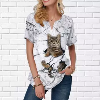 Женская летняя футболка Dragen-Li с принтом, футболки с коротким рукавом, повседневные топы с принтом, небольшой V-образный вырез, короткие рукава XS белый