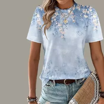 Женская летняя футболка, футболка с короткими рукавами с цветочным принтом, повседневный топ с принтом XS фиолетовый