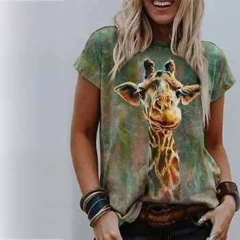Женская летняя футболка, футболка с короткими рукавами с принтом жирафа, повседневный топ с принтом XS зелёный