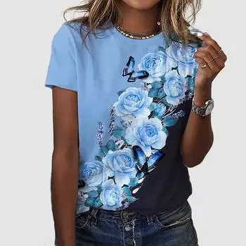 Женская летняя футболка, футболка с короткими рукавами с цветочным принтом, повседневный топ с принтом XS фиолетовый