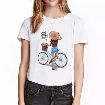 Женская летняя футболка Harajuku Camiseta Mujer Graphic Tees Bicycle Girl Корейские топы Kawaii Streetwea XL белый