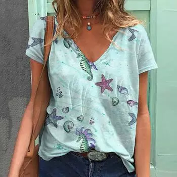 Женская летняя футболка Hippocampus Japonicus с короткими рукавами и принтом, повседневные топы с принтом XS светло-синий