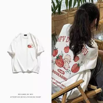 Женская летняя футболка из чистого хлопка с короткими рукавами и милым мультяшным принтом, свободный топ с нишевым дизайном L чёрный